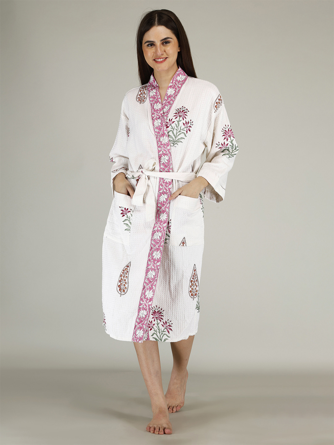 LIVING ROOTS Unisex Luxury Jaipur Block Printed Premium Waffle Cotton, Quick Dry Bathrobe