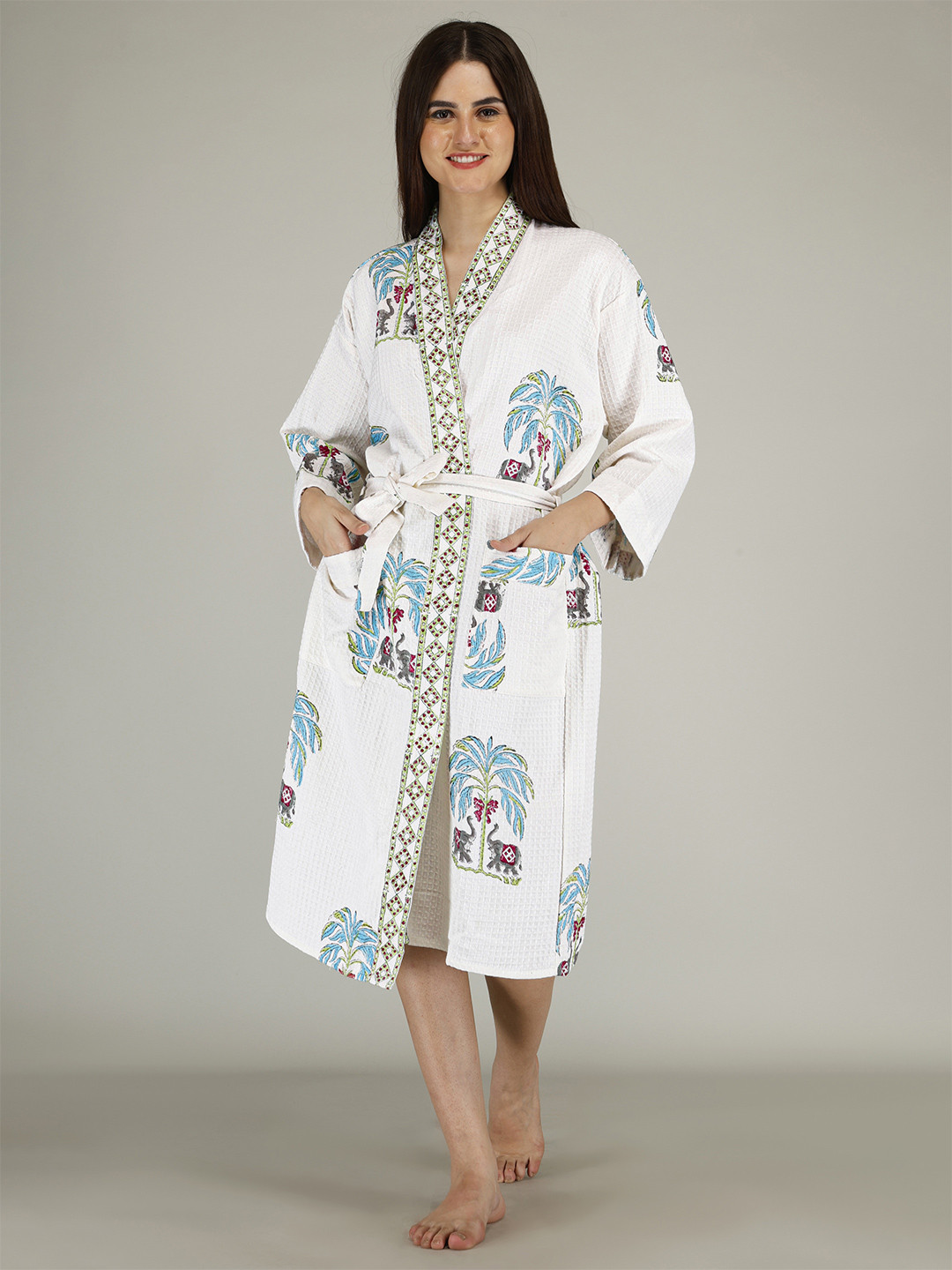 LIVING ROOTS Waffle Handblock White Tropical Cotton Drawstring Midi Bath Robe