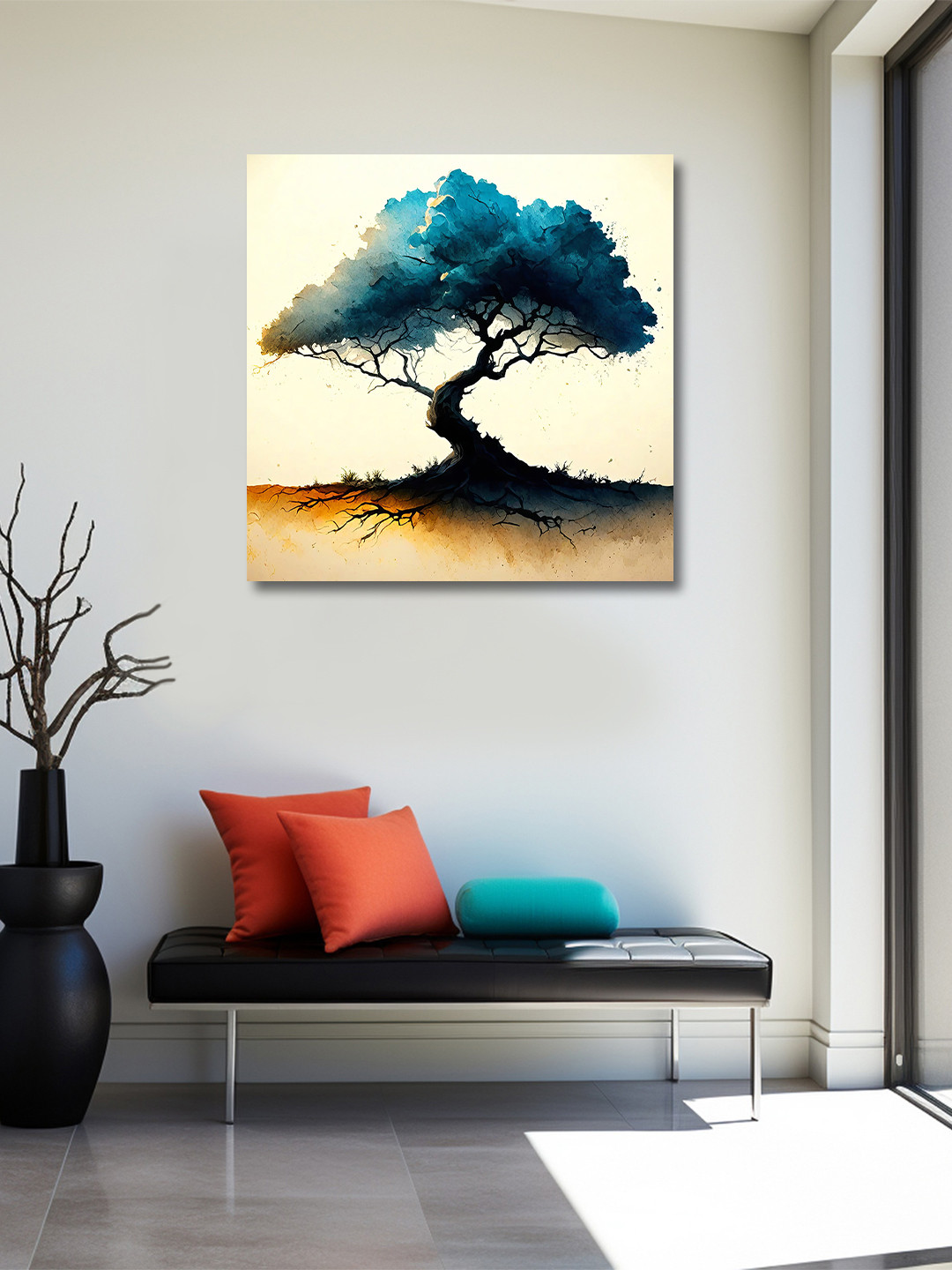 OLIVE TREE Cream & Blue Canvas Wall Art