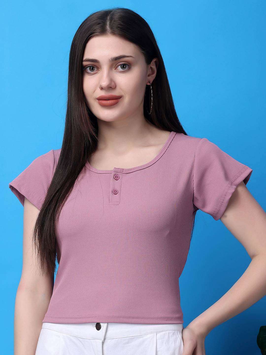 Bitterlime Self Design Round Neck Short Sleeves Top