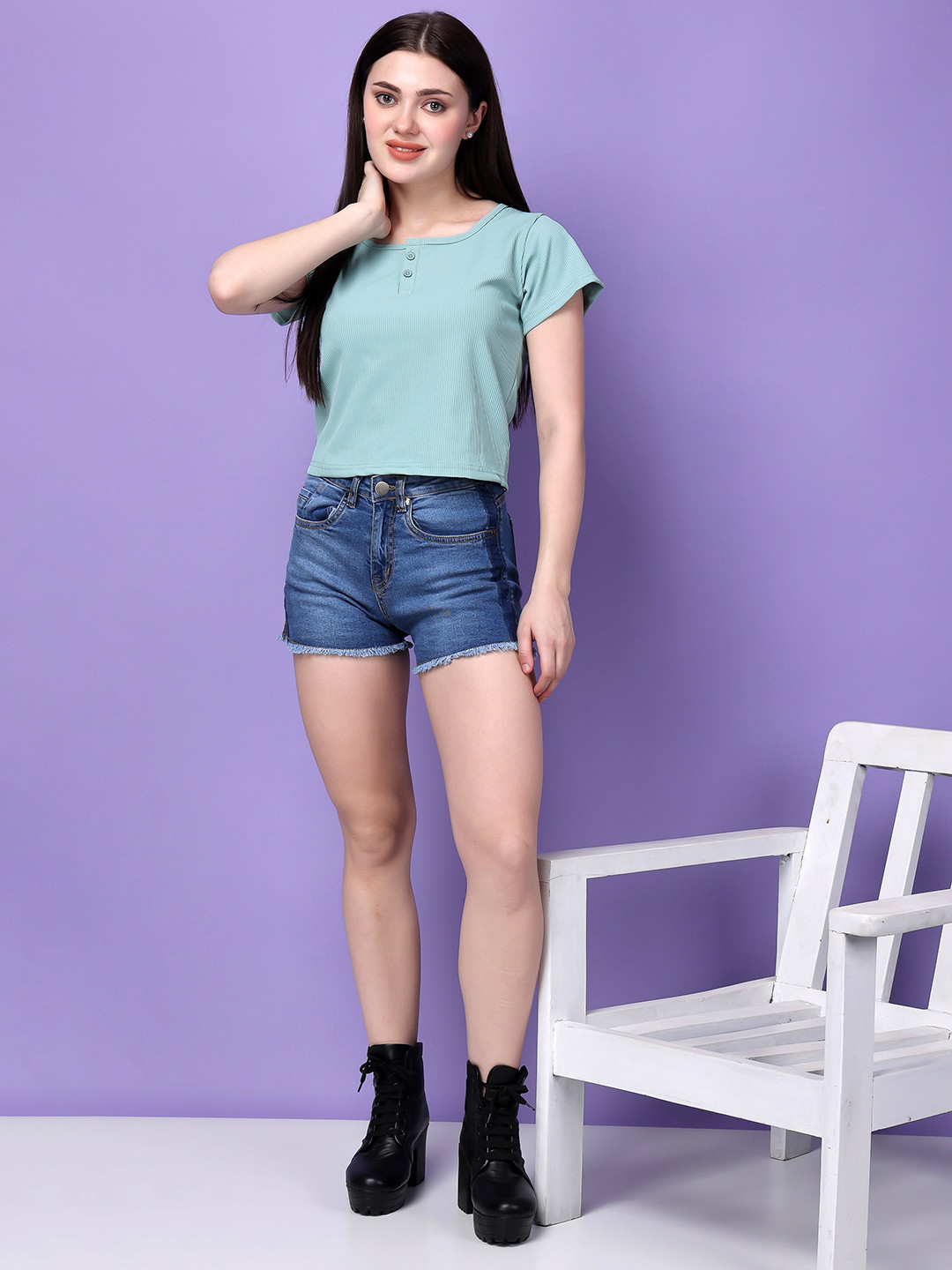 Bitterlime Self Design Round Neck Short Sleeves Top