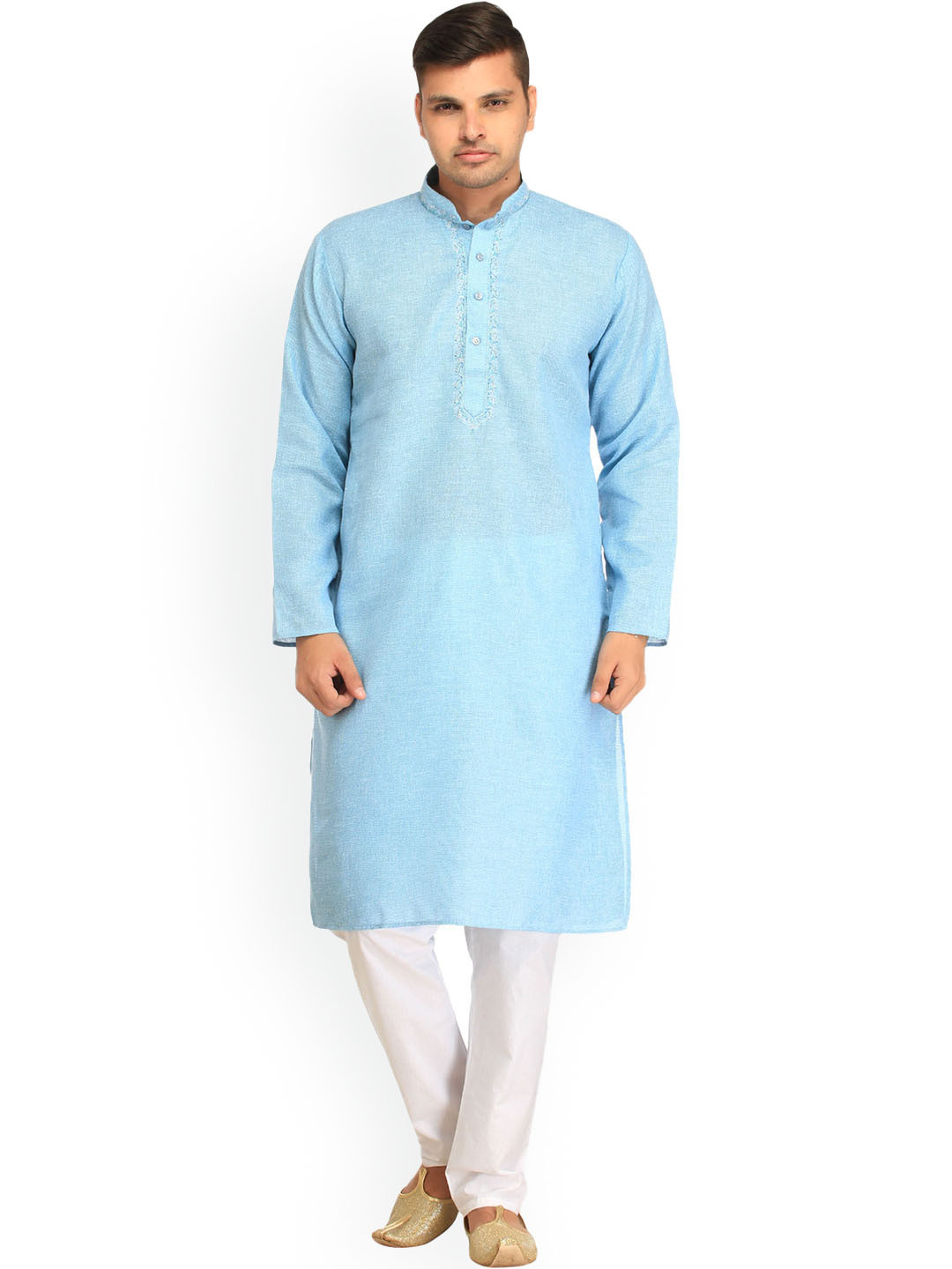 Exotic India Crystal Blue Kurta Pajama Set with Embroidery on Neck and Thread-Weave