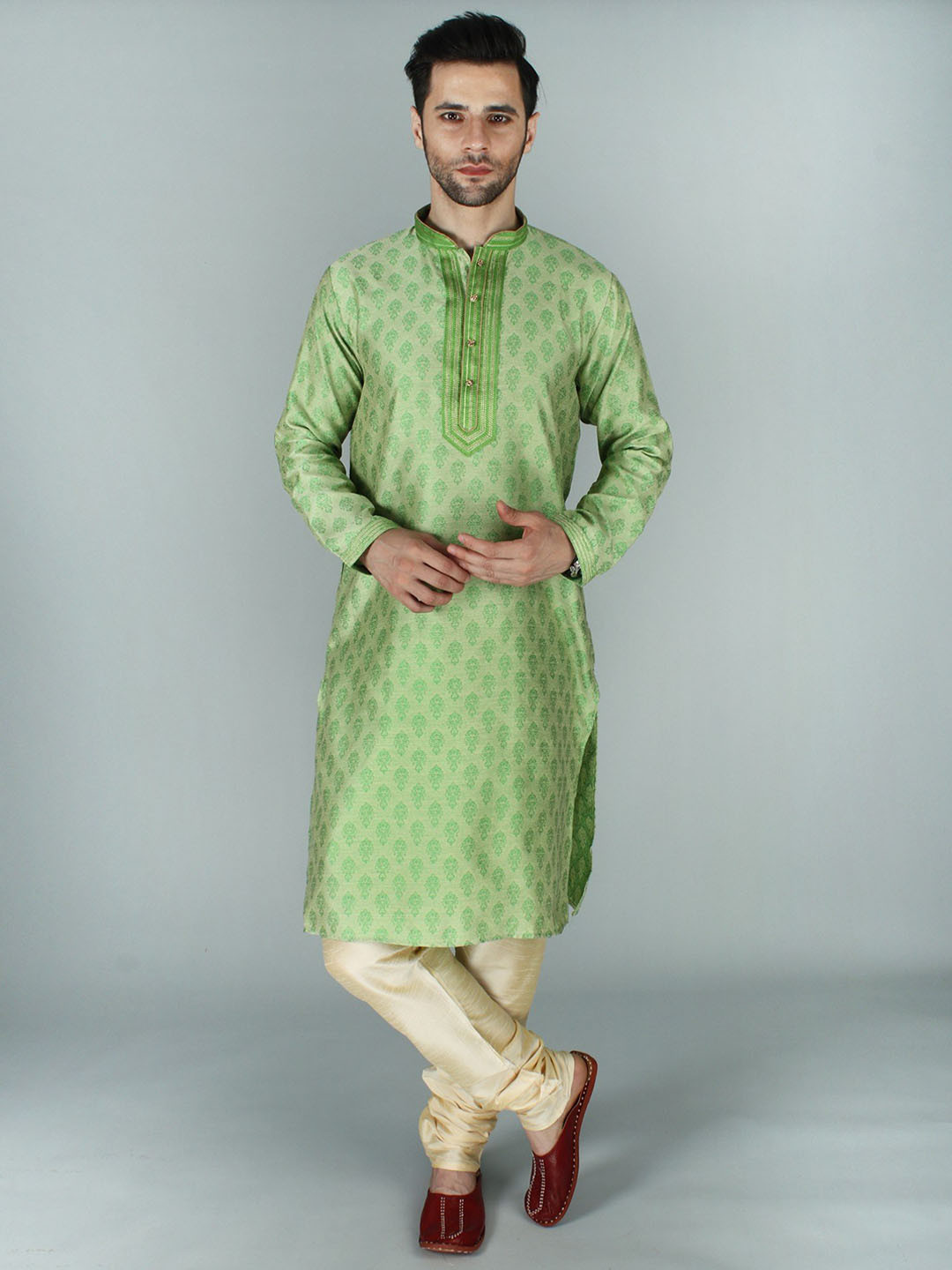 Exotic India Green Rich Damask Kurta Pajama Set with Thread & Zari Work on Collar-Placket