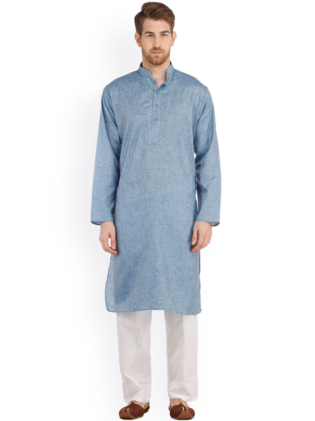 Exotic India Dusk Blue Plain Pure Cotton Kurta Pajama with Embroidery on Neck