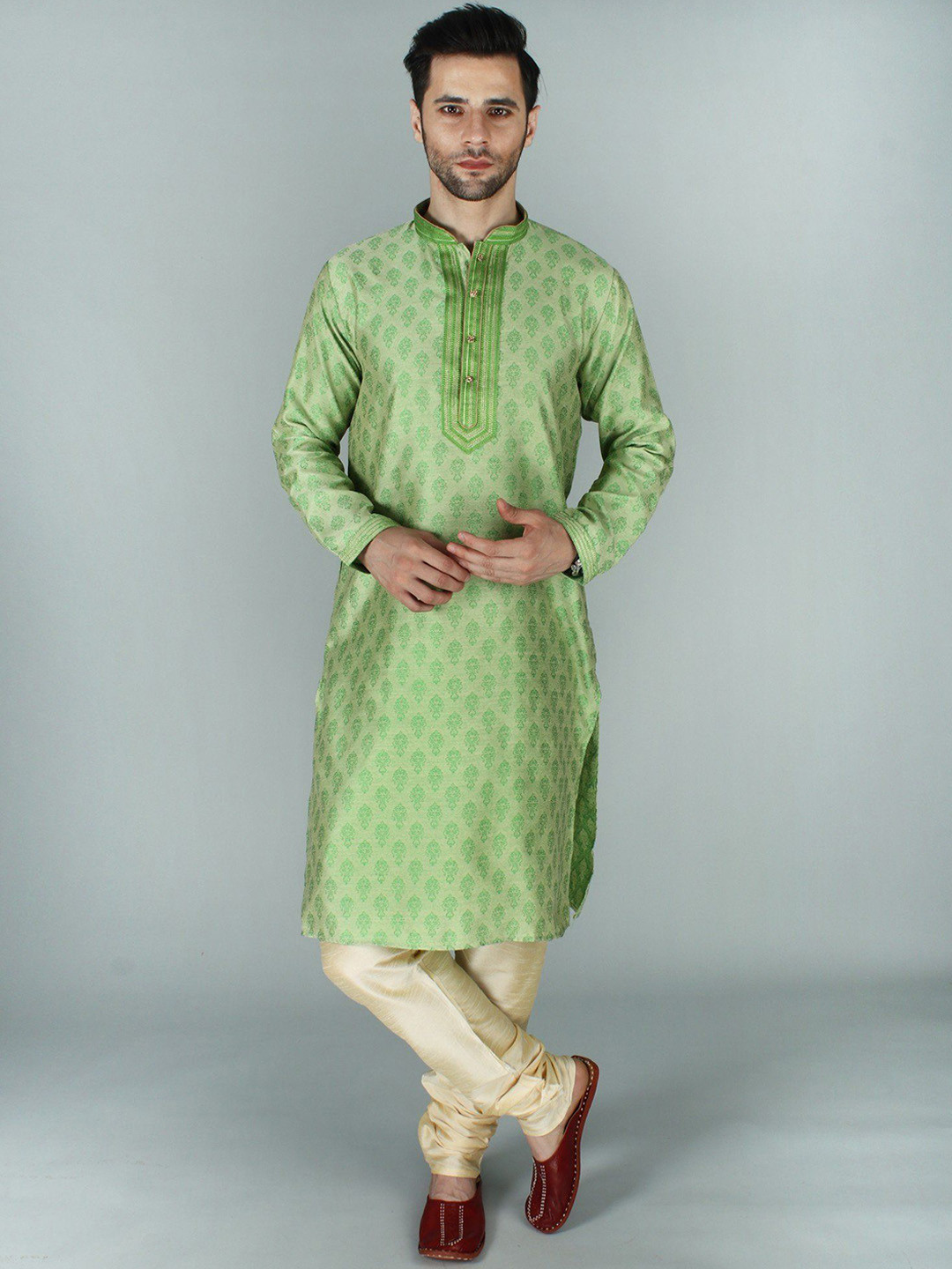 Exotic India Green Rich Damask Kurta Pajama Set with Thread Zari Work on Collar-Placket