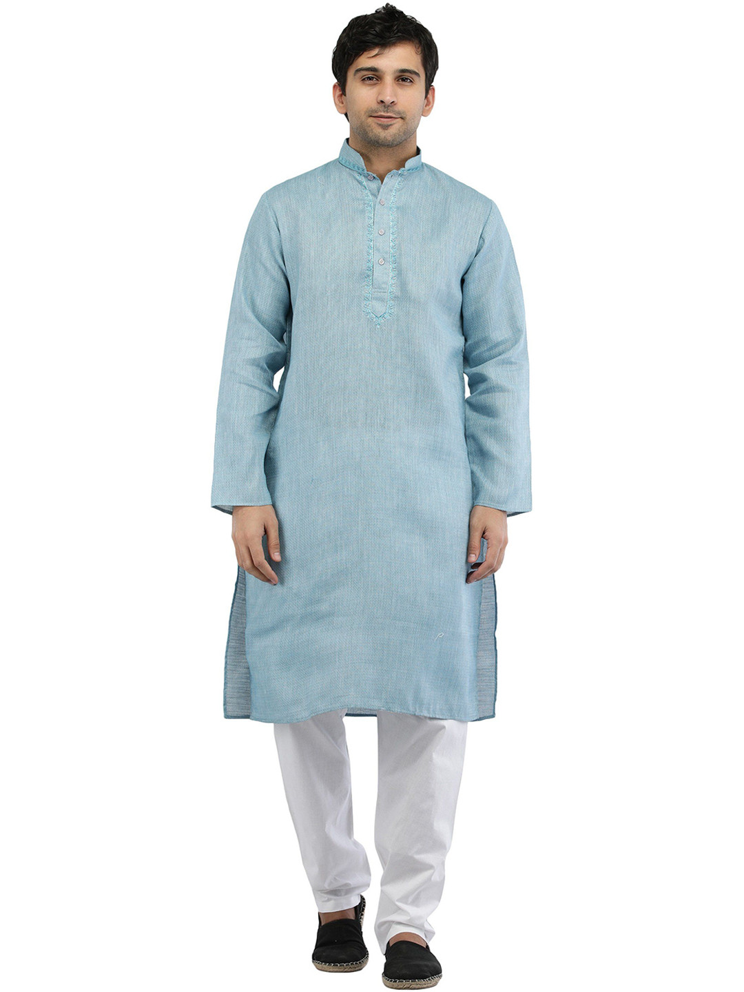 Exotic India Blue Mist Pure Cotton Kurta Pajama with Embroidery on Neck and Dotted Stripes