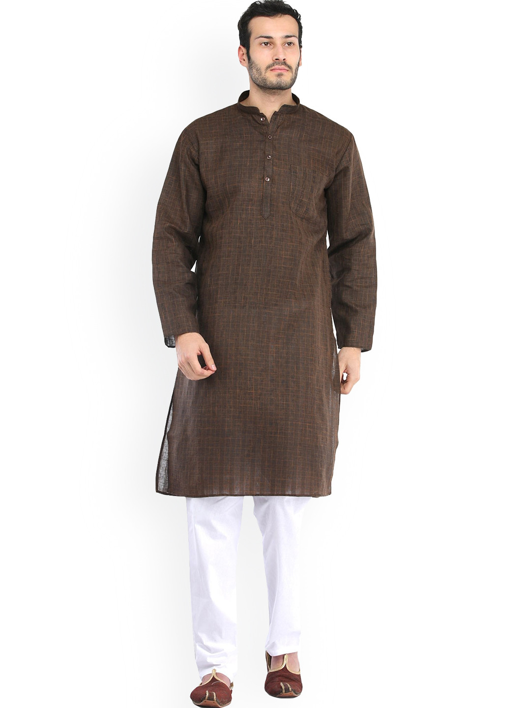 Exotic India Pure Cotton Acorn Brown Kurta Pyjama with Woven Checks
