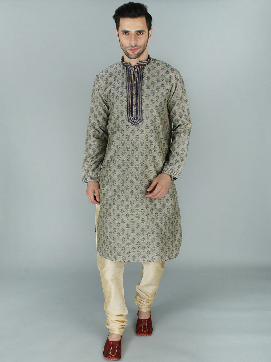 Exotic India Blue Rich Damask Kurta Pajama Set with Thread Zari Work on Collar-Placket