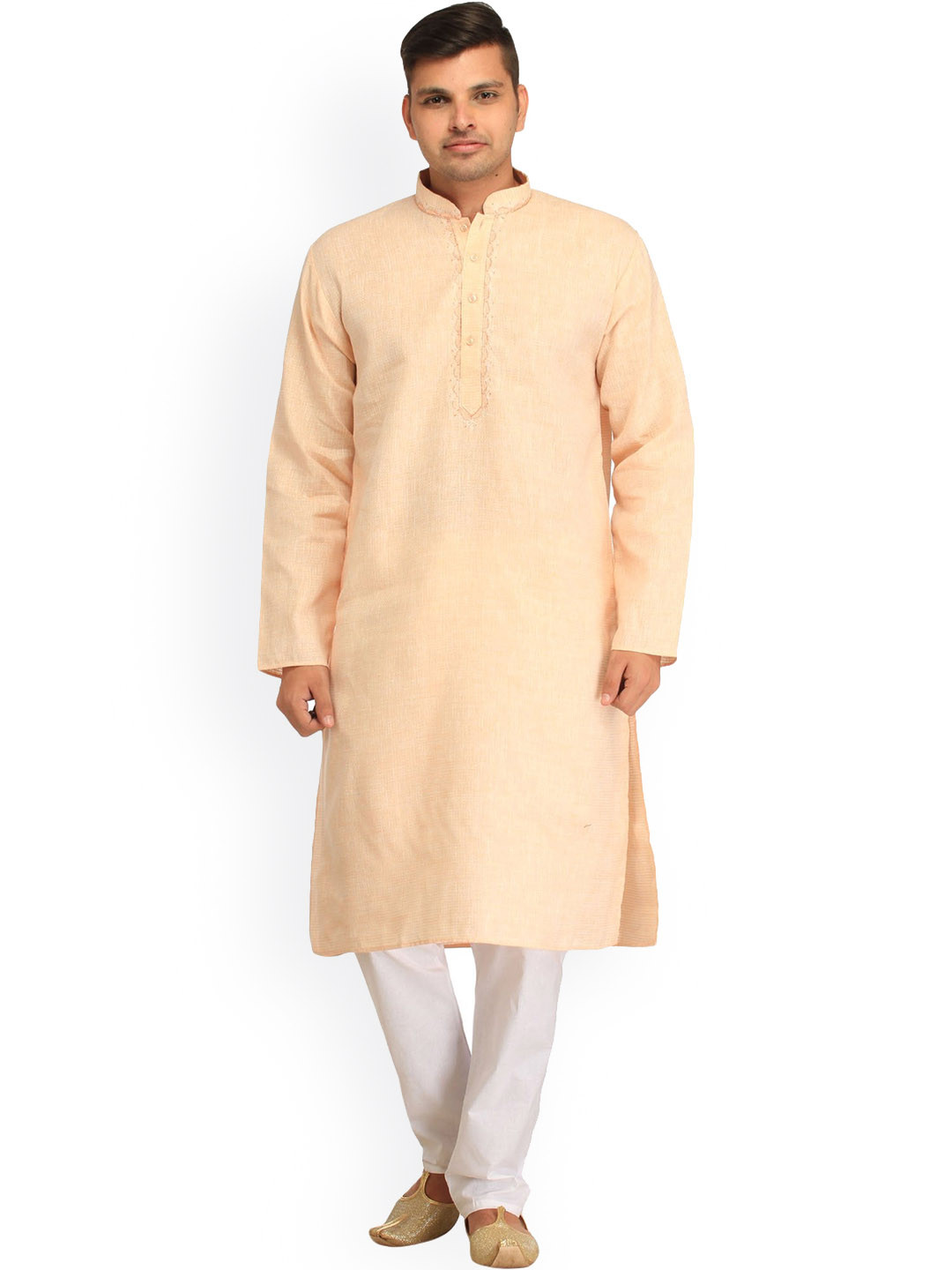 Exotic India Pastel Kurta Pajama Set with Thread Weave in Self and Embroidery on Neck