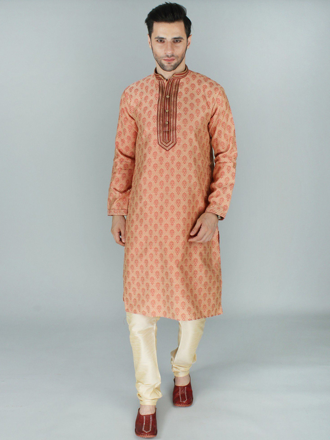 Exotic India Peach Rich Damask Kurta Pajama Set with Thread Zari Work on Collar-Placket