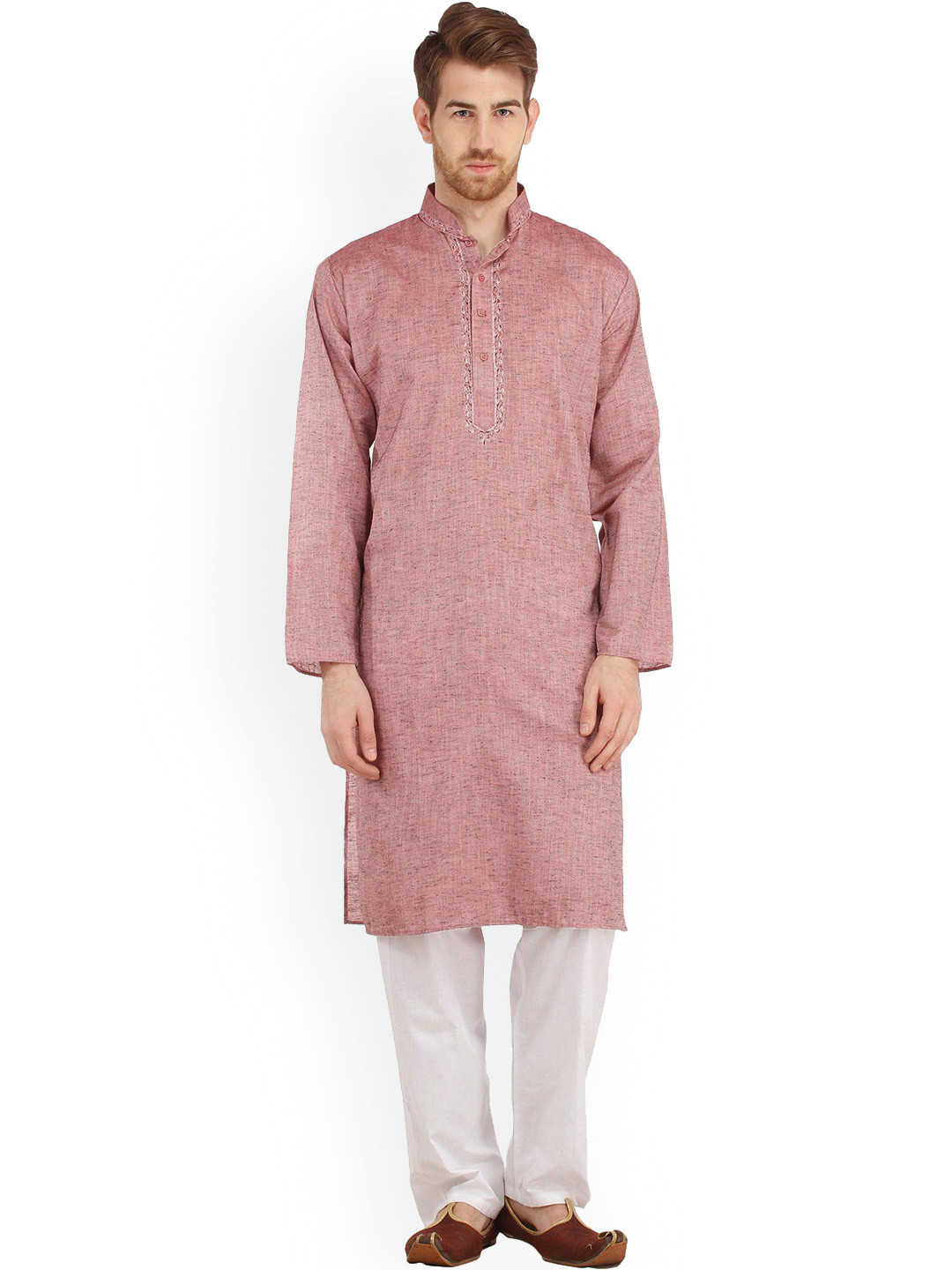 Exotic India Nostalgia Rose Plain Pure Cotton Kurta Pajama with Embroidery on Neck
