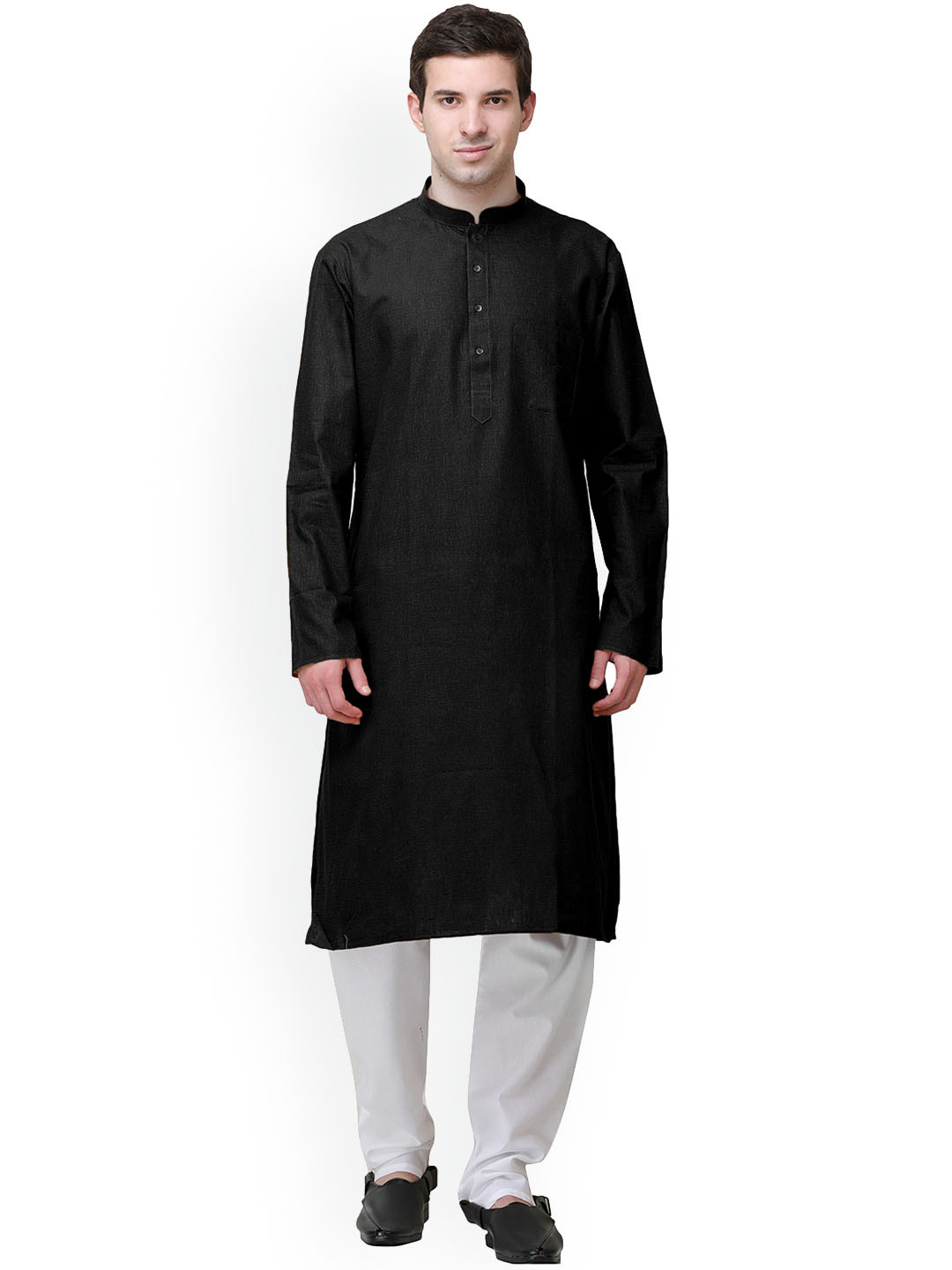 Exotic India Plain Linen Black Kurta with White Pajama