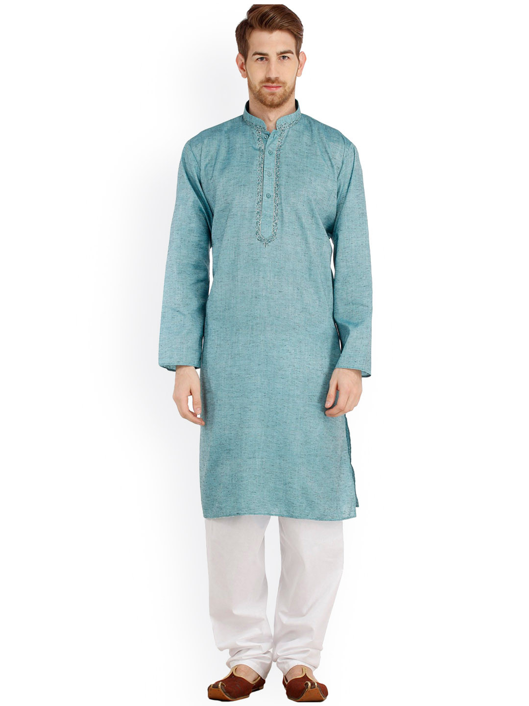 Exotic India Mandarin Collar Long Sleeves Pure Cotton Kurta & Pyjama