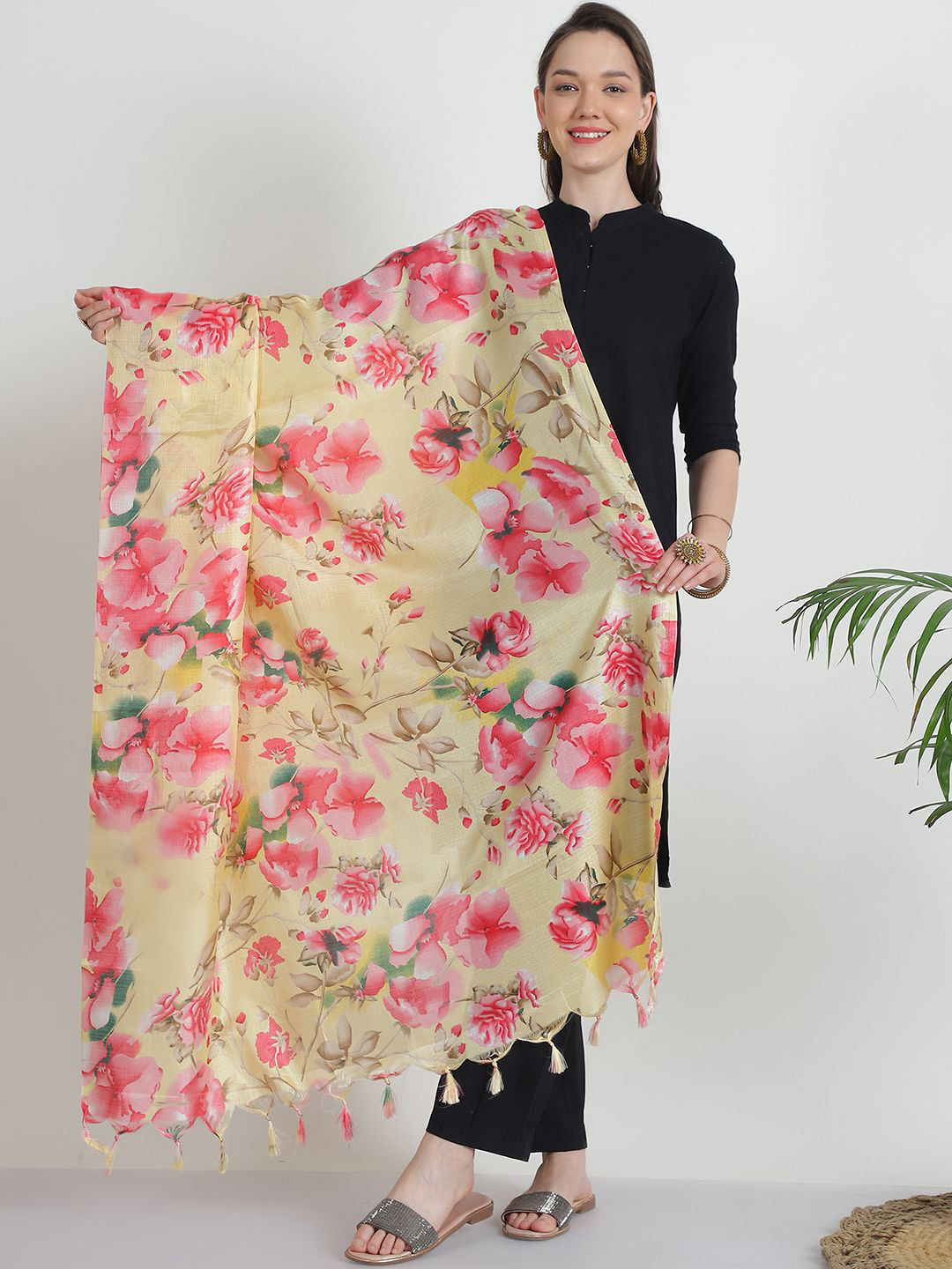 LOOM LEGACY Floral Digital Printed Tasselled Dupatta
