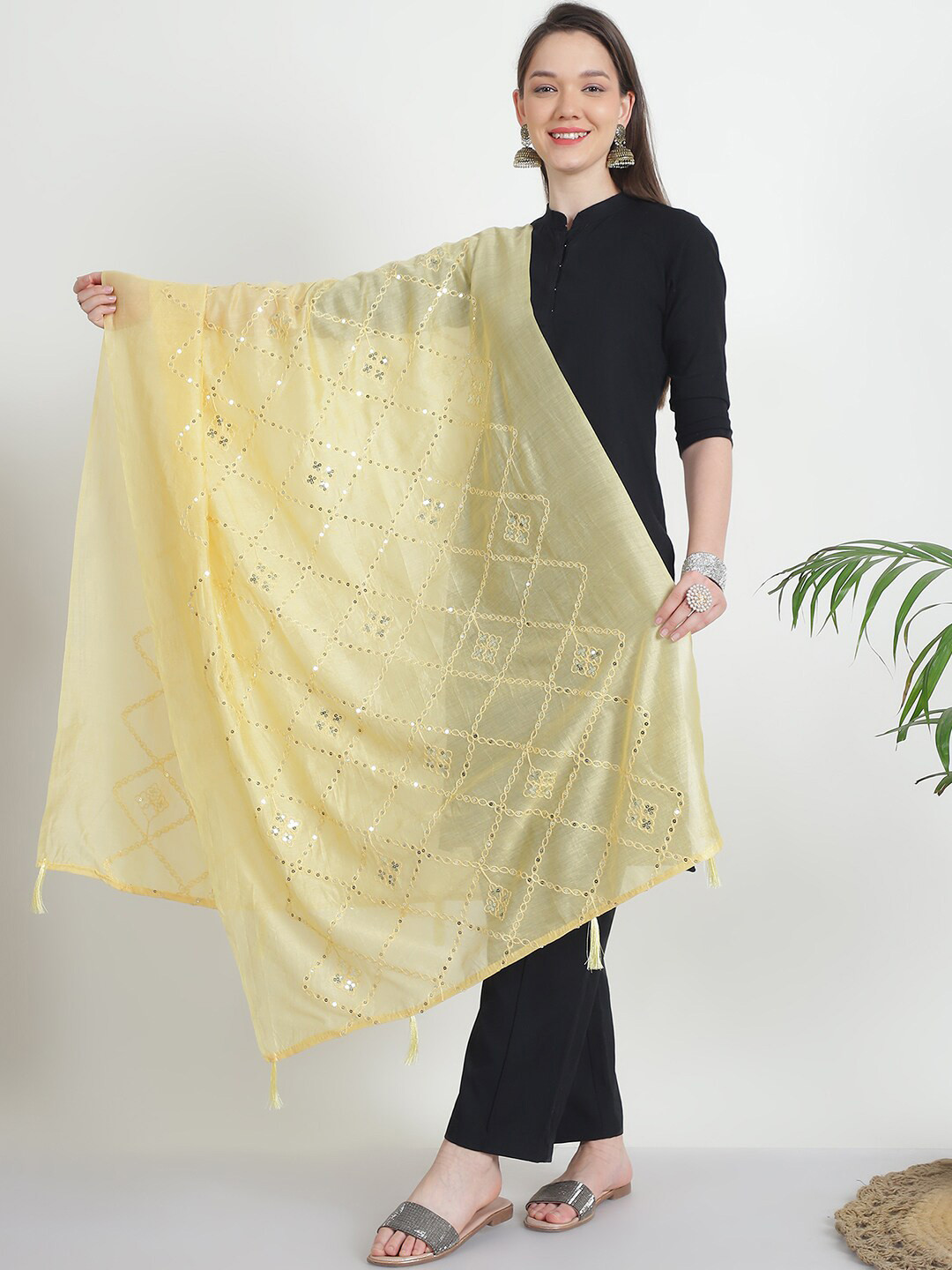 LOOM LEGACY Embroidered Sequinned Tasselled Dupatta