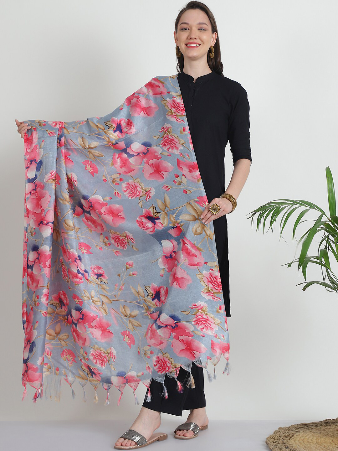 LOOM LEGACY Floral Digital Printed Tasselled Dupatta