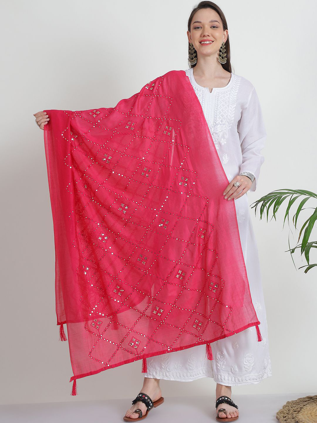 LOOM LEGACY Women's Ethnic Motifs Embroidered Sequinned Dupatta