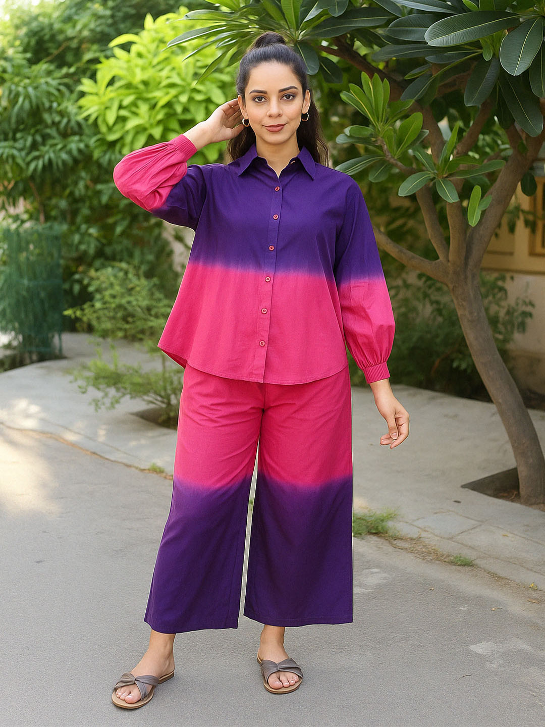 Lounge Dreams Tye & Dye Printed Shirt Collar Neck Shirt & Flared Trouser Co-Ords