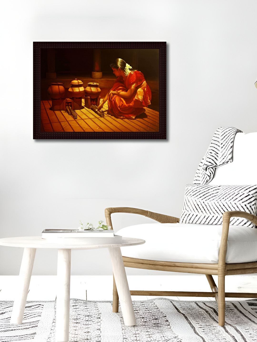 Tamatina Red & Brown Indian Lady Cooking Food Printed Wooden Wall Paintings