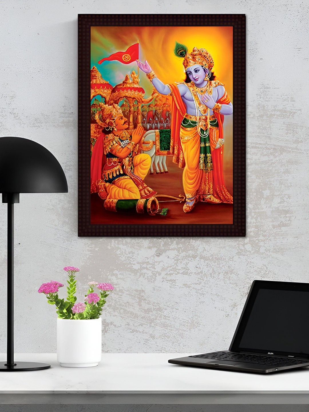 Tamatina Yellow & Red Krishna Arjun Religious Printed Wooden Wall Art