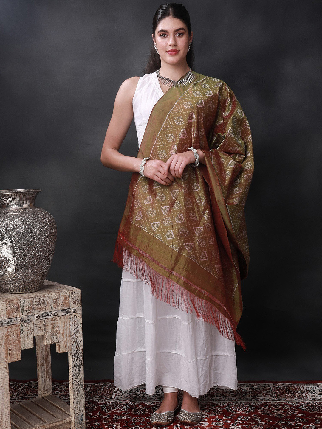 Exotic India Crimson Pure Silk Sambhalpuri Dupatta