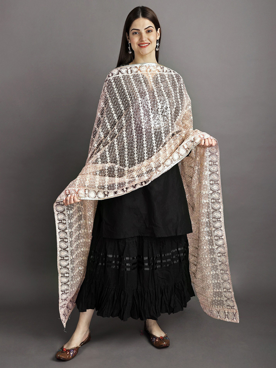 Exotic India Fairy Tale Heavy Embroidered Net Dupatta with Paisleys