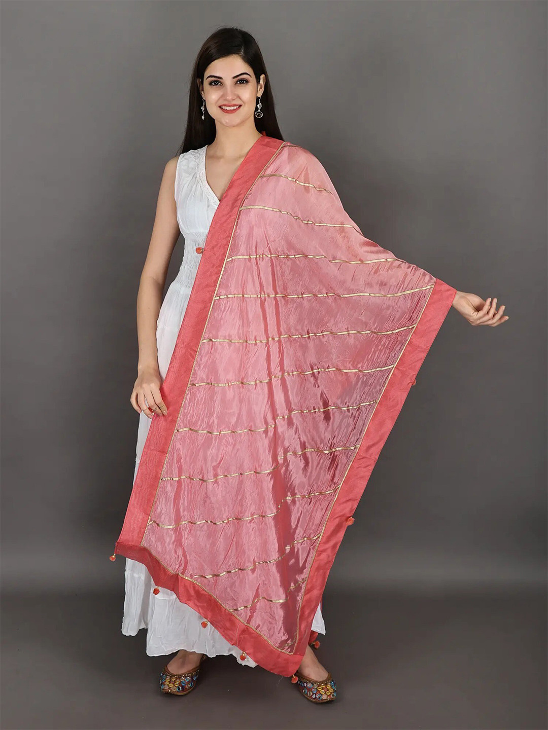 Exotic India Flamingo Pink Gota Silk Dupatta with Patch Border and Pom-Poms