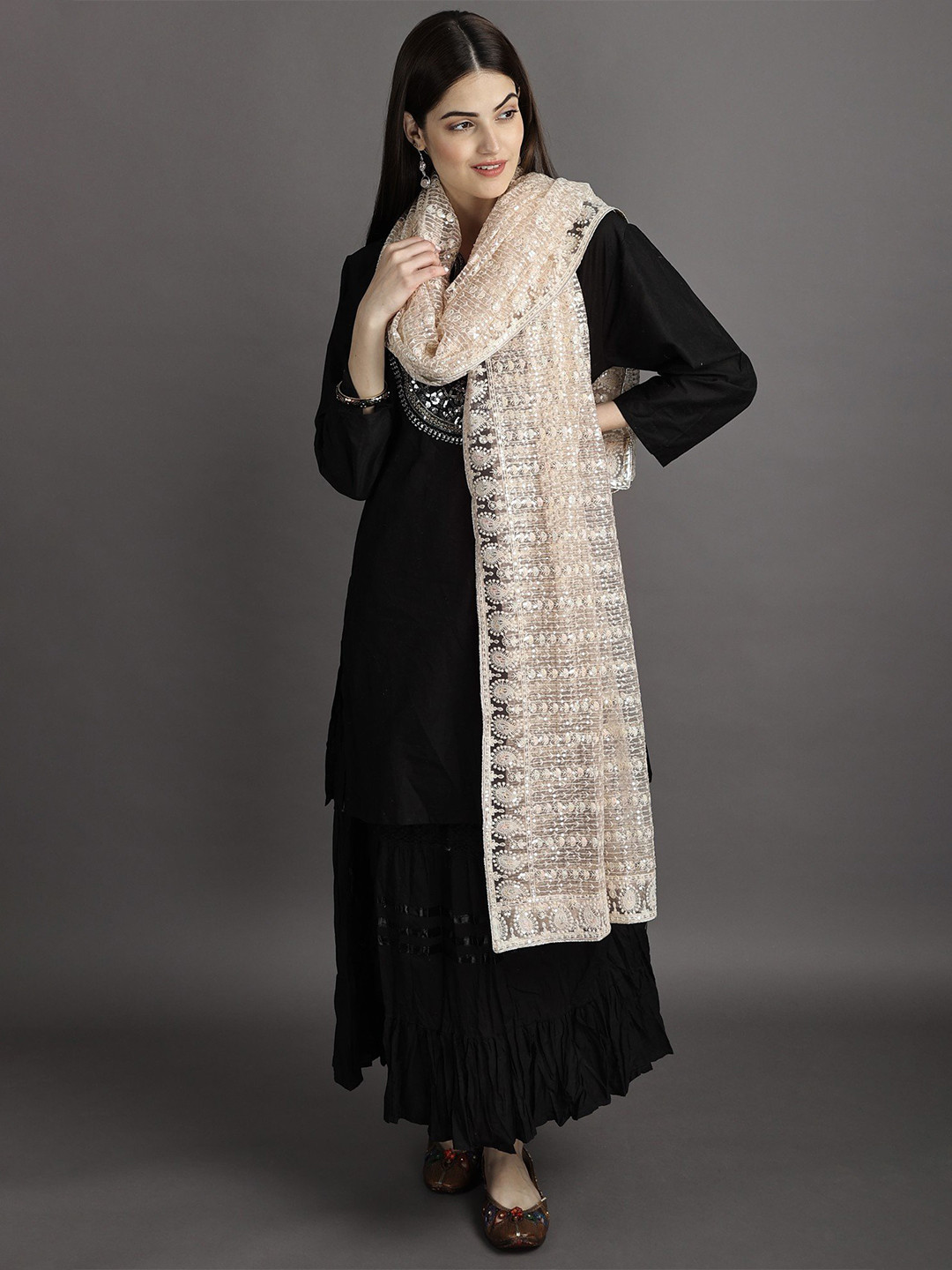 Exotic India Cloud Pink Heavy Embroidered Net Dupatta with Paisleys