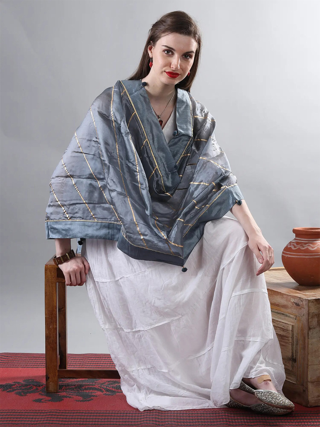 Exotic India Slate Gray Gota Silk Dupatta with Patch Border and Pom-Poms