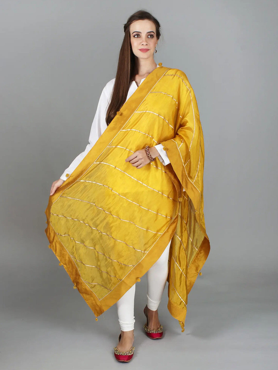 Exotic India Nugget Gold Gota Silk Dupatta with Patch Border and Pom-Poms