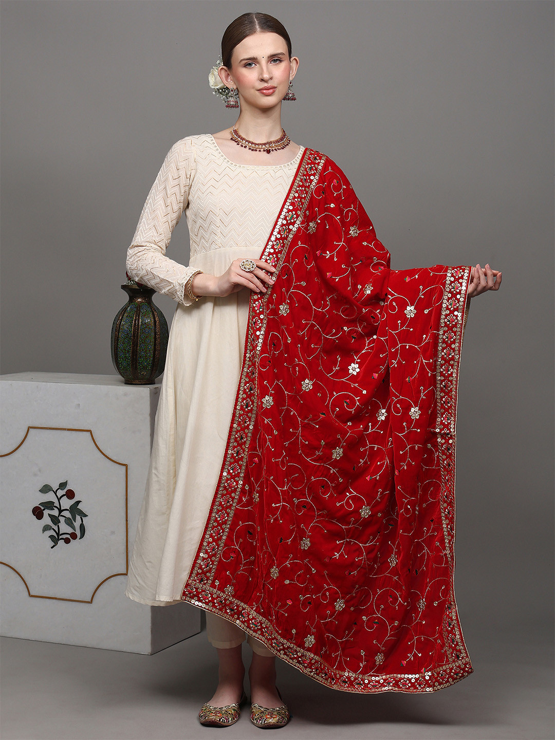 Exotic India Red Velvet Dupatta with Zari and Sequinned Flower Embroidered Bails