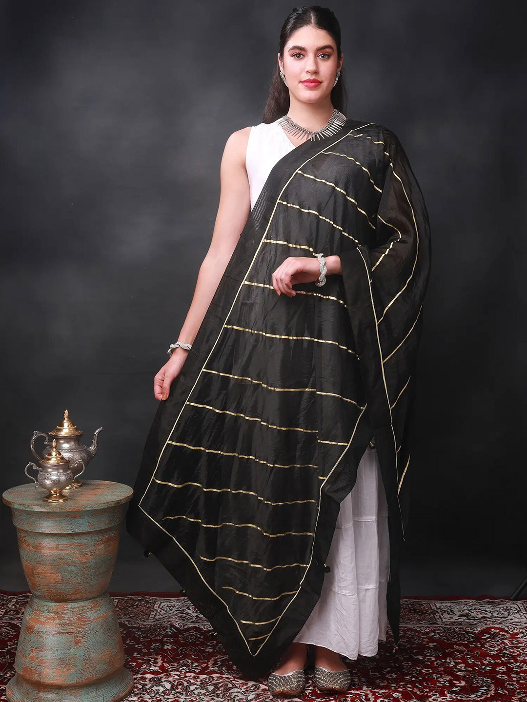 Exotic India Caviar Black Gota Silk Silk Dupatta with Patch Border and Pom-Poms