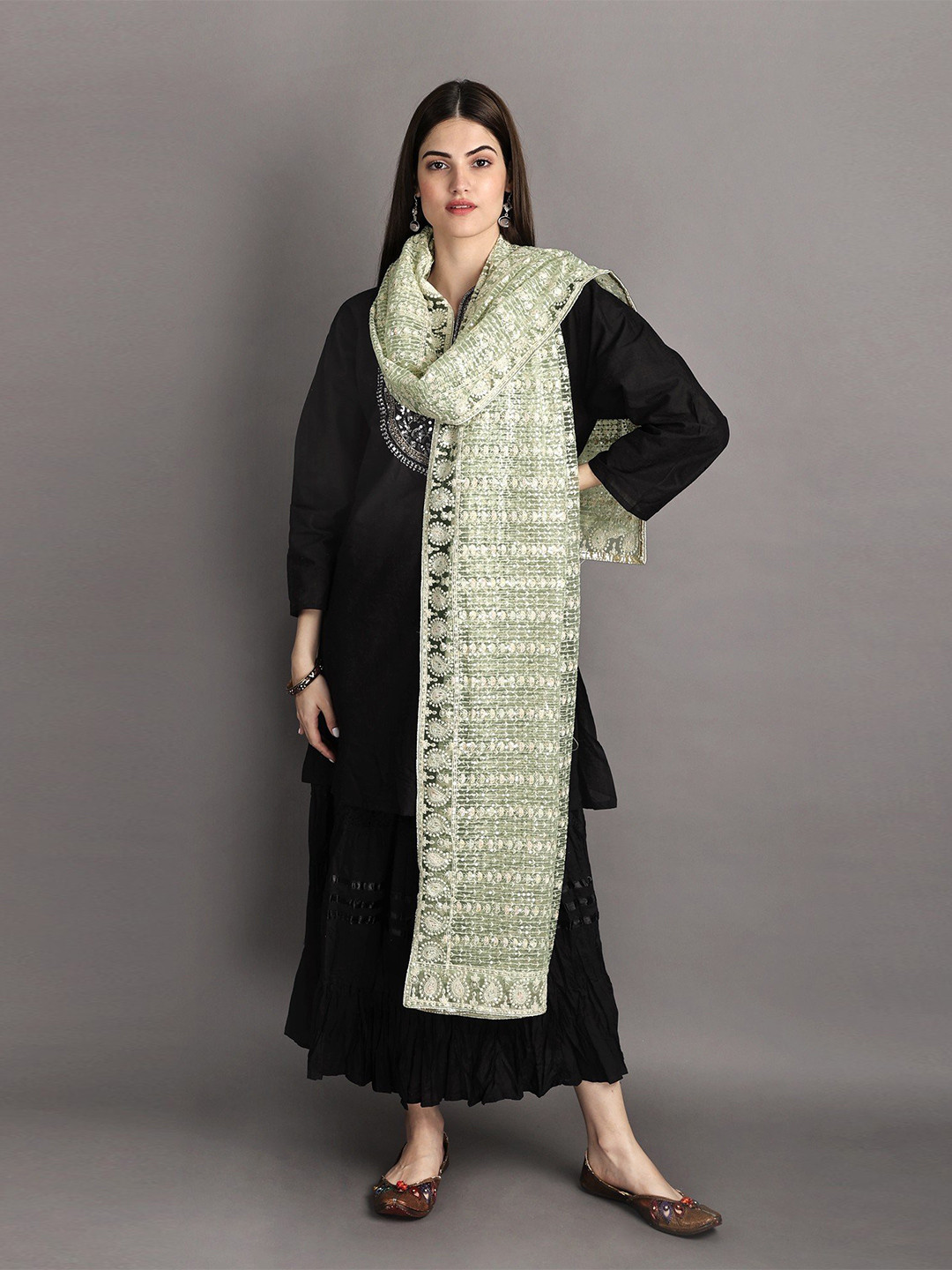 Exotic India Biscay Green Heavy Embroidered Net Dupatta with Paisleys