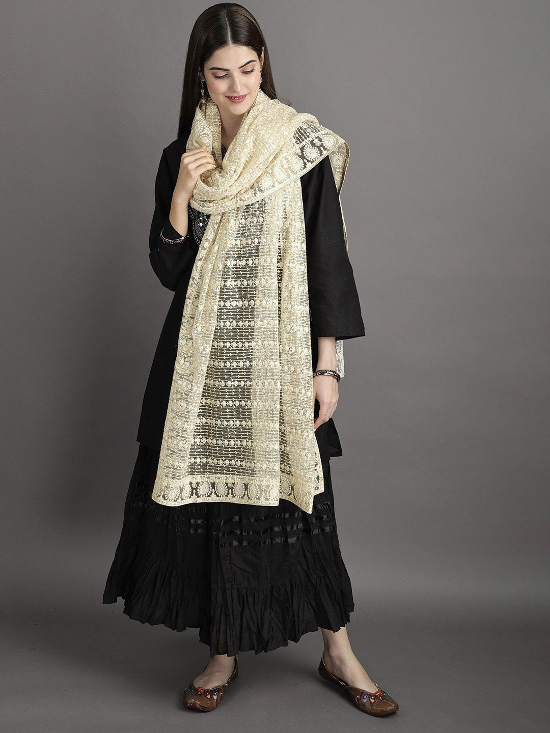Exotic India Pastel Yellow Heavy Embroidered Net Dupatta with Paisleys