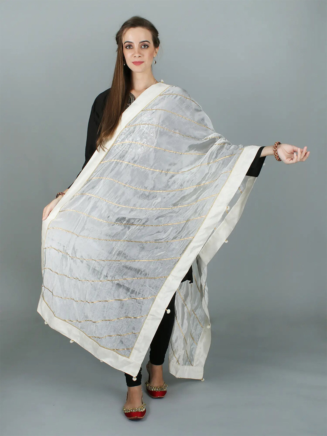 Exotic India Star White Gota Silk Dupatta with Patch Border and Pom-Poms