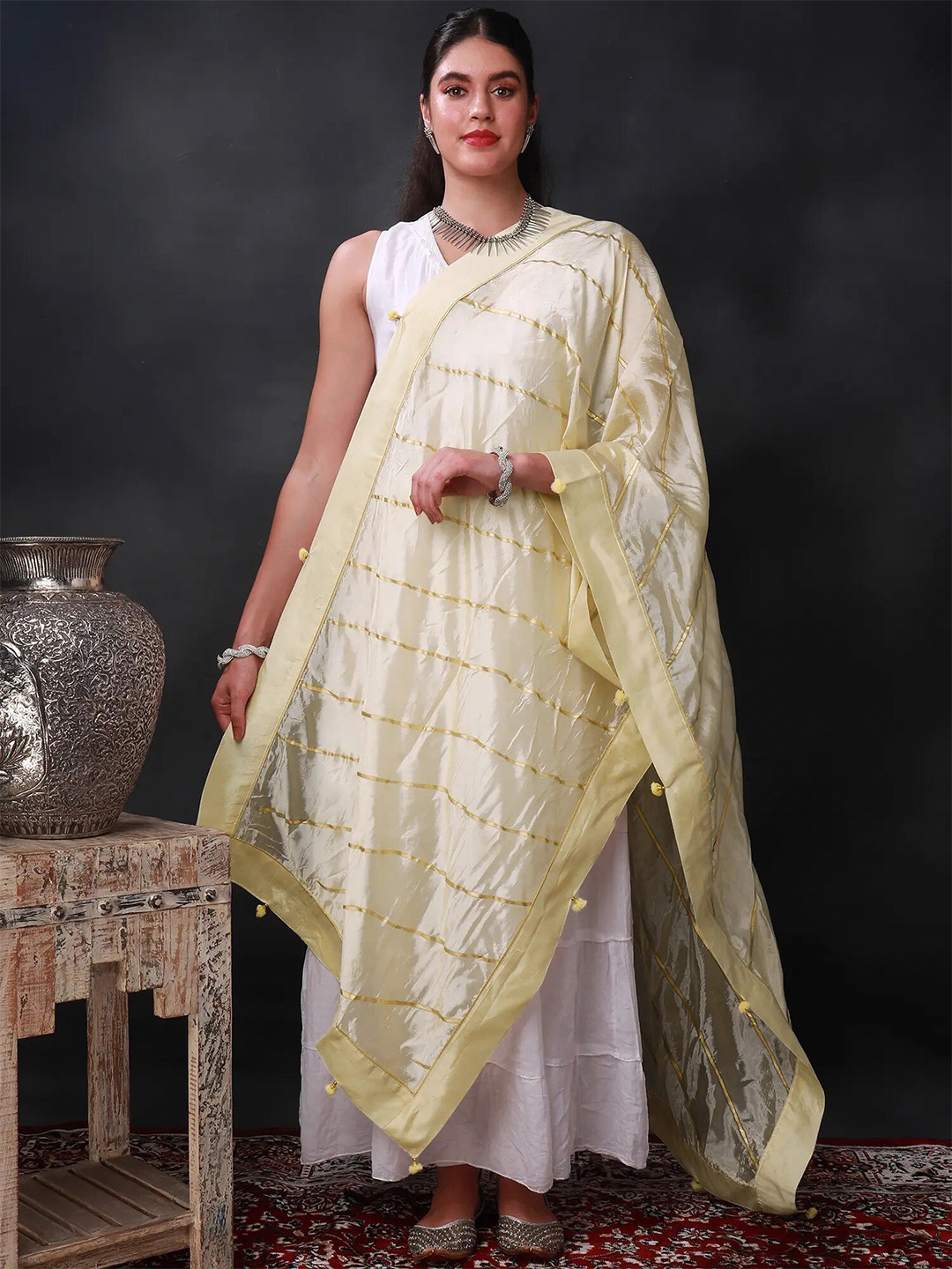 Exotic India Cream Gota Silk Dupatta with Patch Border and Pom-Poms