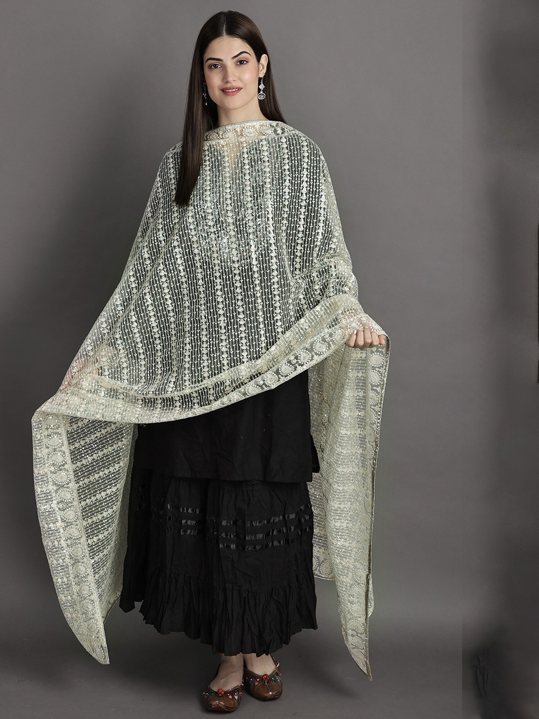 Exotic India Quite Gray Heavy Embroidered Net Dupatta with Paisleys