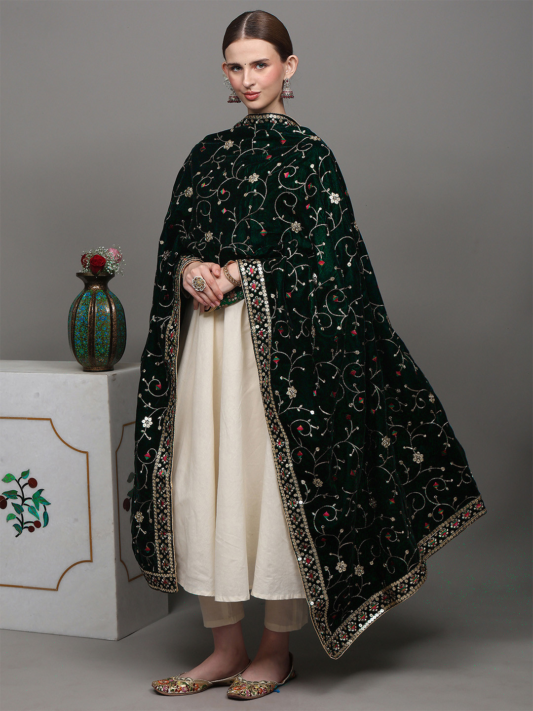 Exotic India Bottle Green Velvet Dupatta with Zari and Sequinned Flower Embroidered Bails