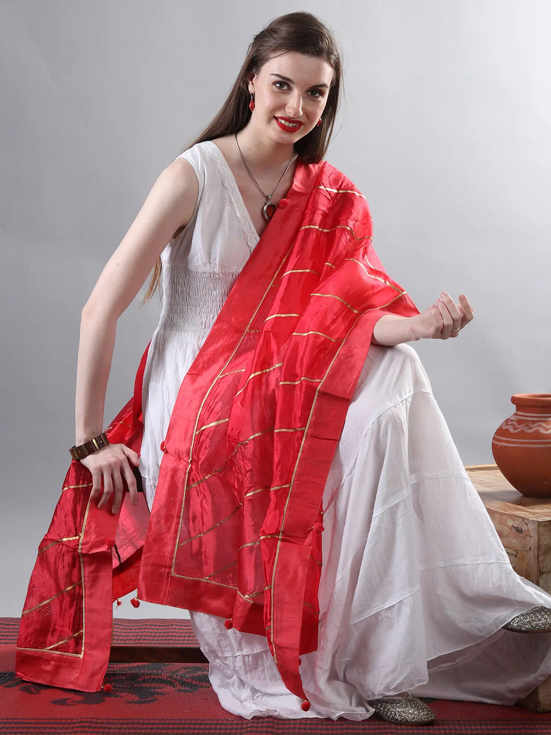 Exotic India Rose Red Gota Silk Dupatta with Patch Border and Pom-Poms