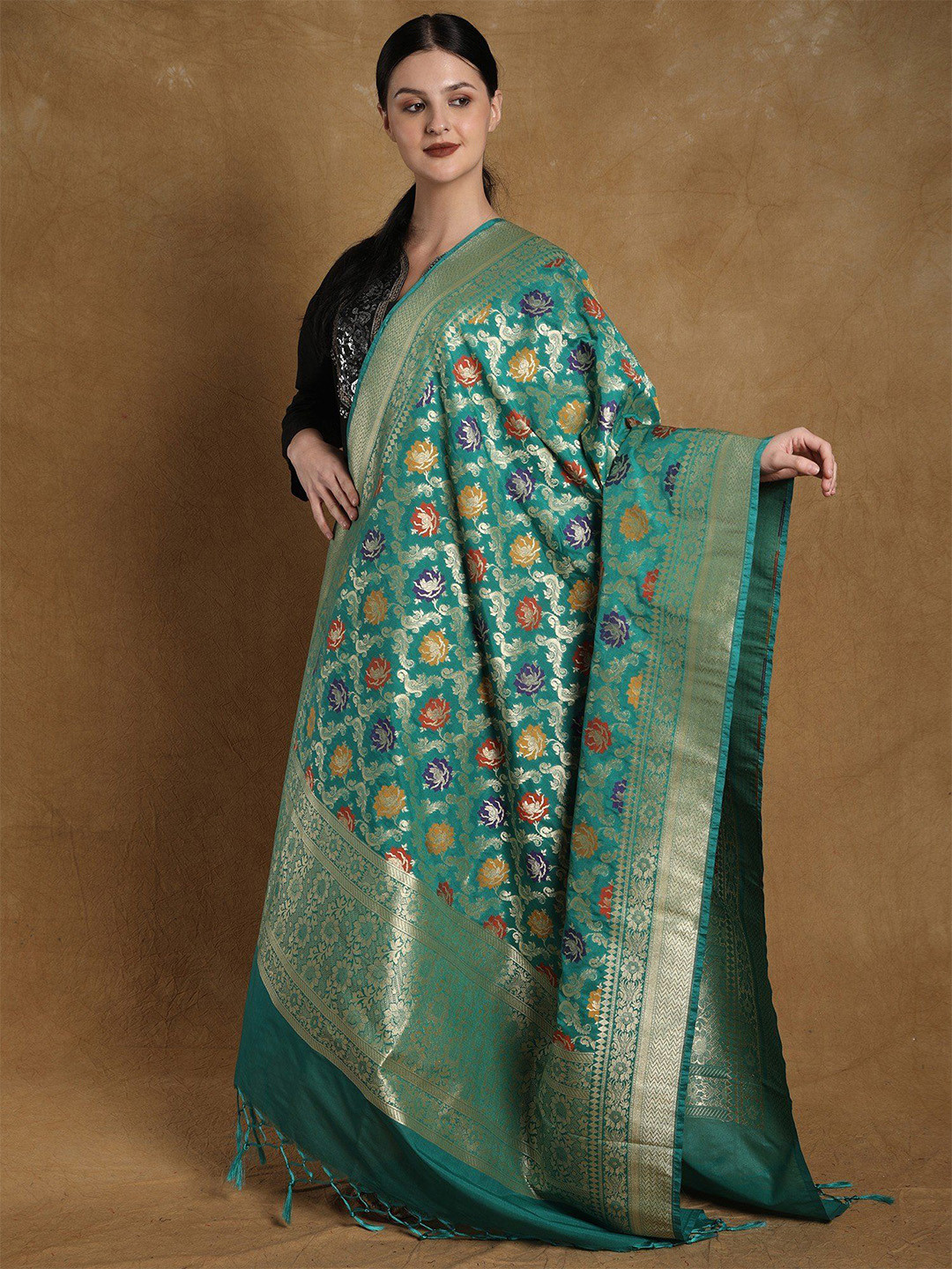 Exotic India Green Banarasi Extra-Wide Dupatta with Woven Rose Meena Motif & Zari Border