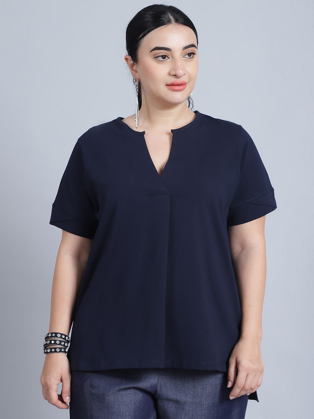 Baawri Solid Notch Round Neck Short Sleeves Top