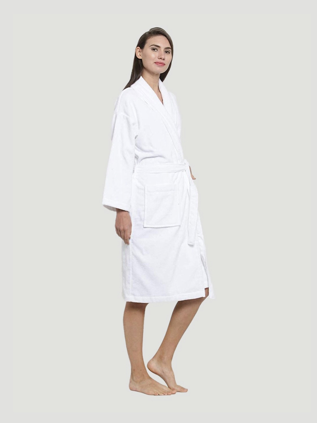 MYTRIDENT Soft Comfort White Solid Cotton Drawstring Knee Length Bath Robe-M