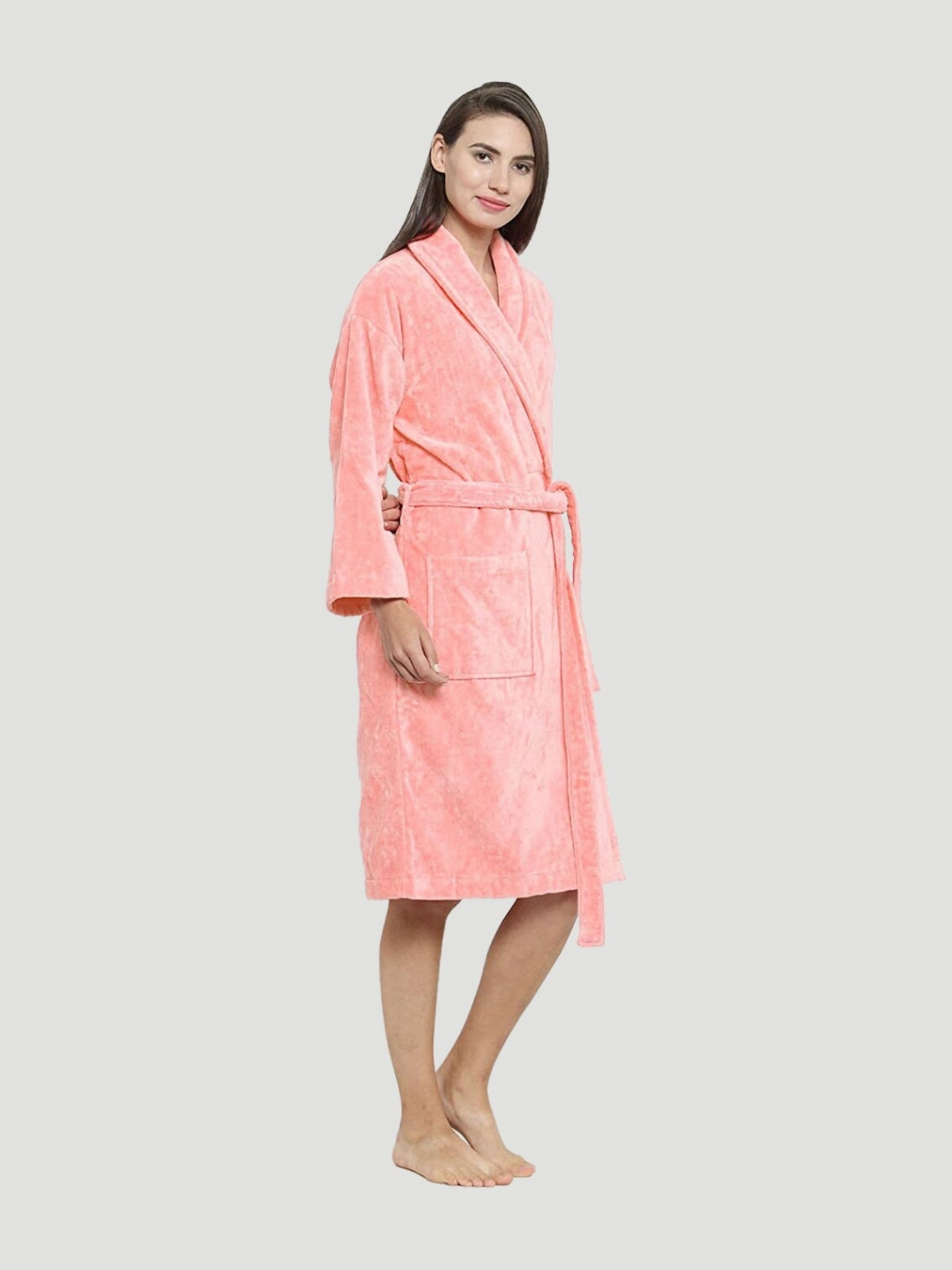 MYTRIDENT Soft Comfort, Tender Peach Peach Cotton Drawstring Knee Length Bath Robe-L