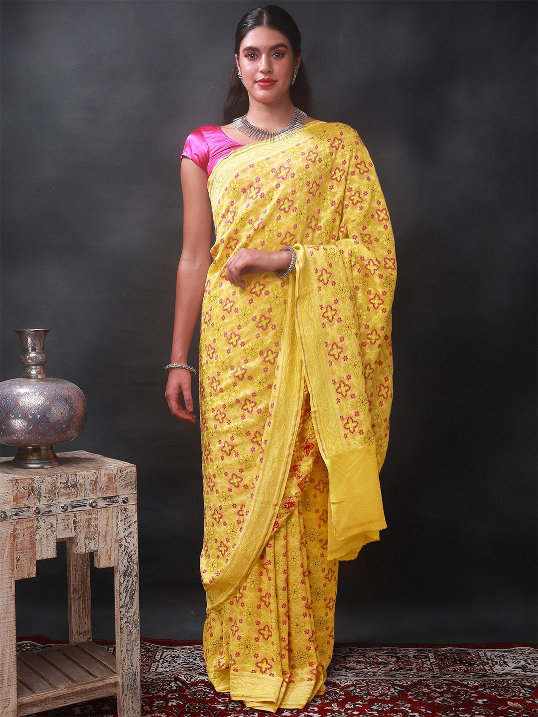 Exotic India Old Gold Banarasi Meenakari Chiffon Saree with Floral Jaal Pattern