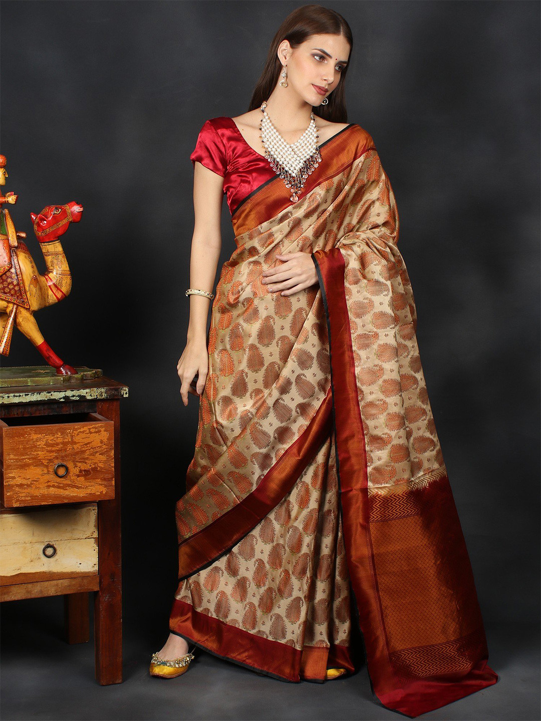 Exotic India Flaxen Gold Handloom Banarasi Chiffon Saree With Meenakari Paisley Pattern