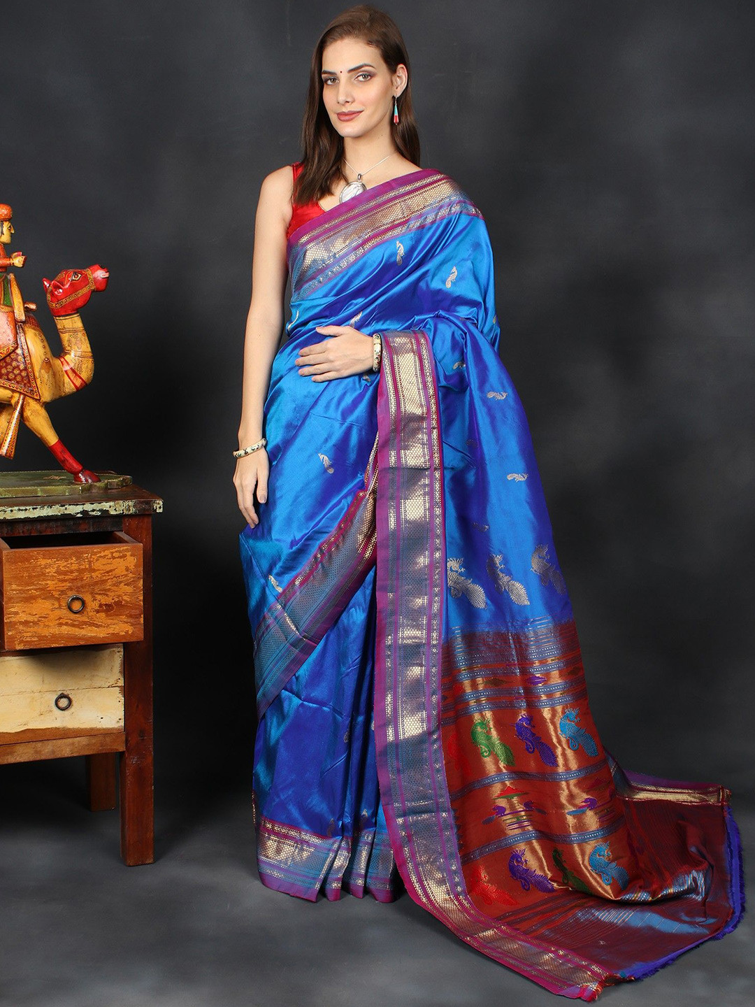 Exotic India Azure Blue Brocaded Paithani Handloom Saree and Peacock Zari-Woven Pallu