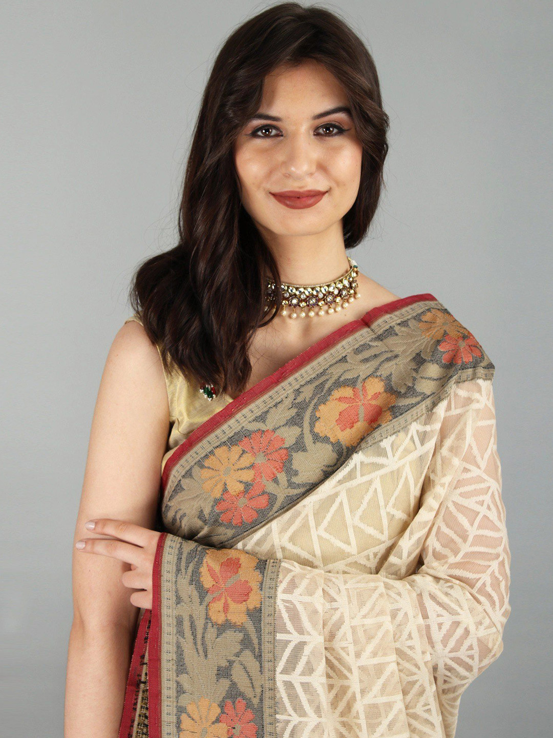 Exotic India Banarasi Silk Kora Net Saree With Floral Pattern Border And Pallu