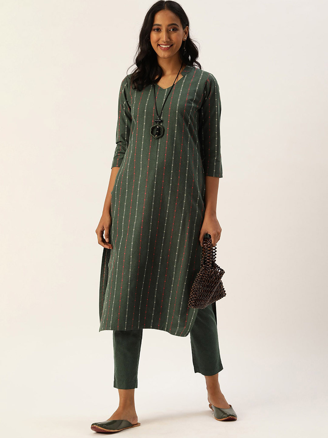 KALINI Women Striped Regular Thread Work Kurta with Trousers