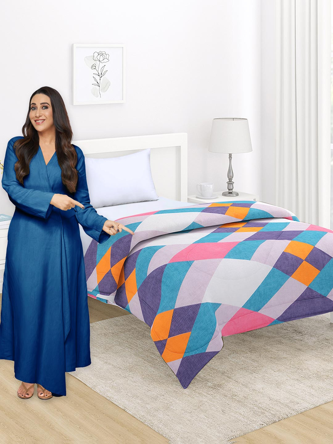 HOKIPO Orange & Blue Checked AC Room 220 GSM Single Bed Comforter