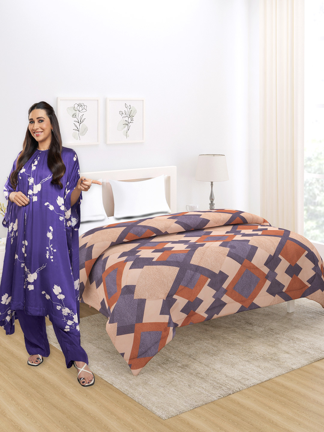 HOKIPO Beige & Purple Microfiber AC Room 220 GSM Reversible Double Bed Comforter